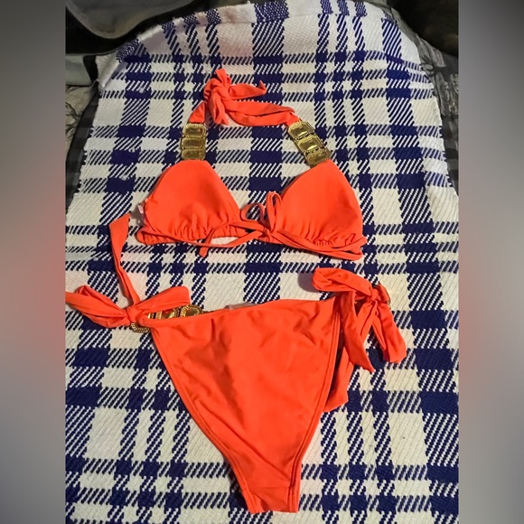 Moda Minx Neon Orange Boujee Luxe Rhinestone Crystal Triangle Bikini Set M S👙🧡 - Picture 7 of 11